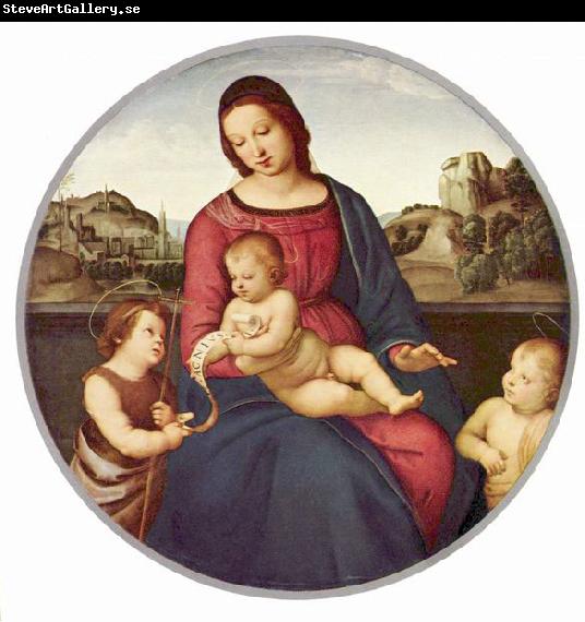 RAFFAELLO Sanzio Madonna Terranuova, Szene: Maria mit Christuskind und zwei Heiligen, Tondo